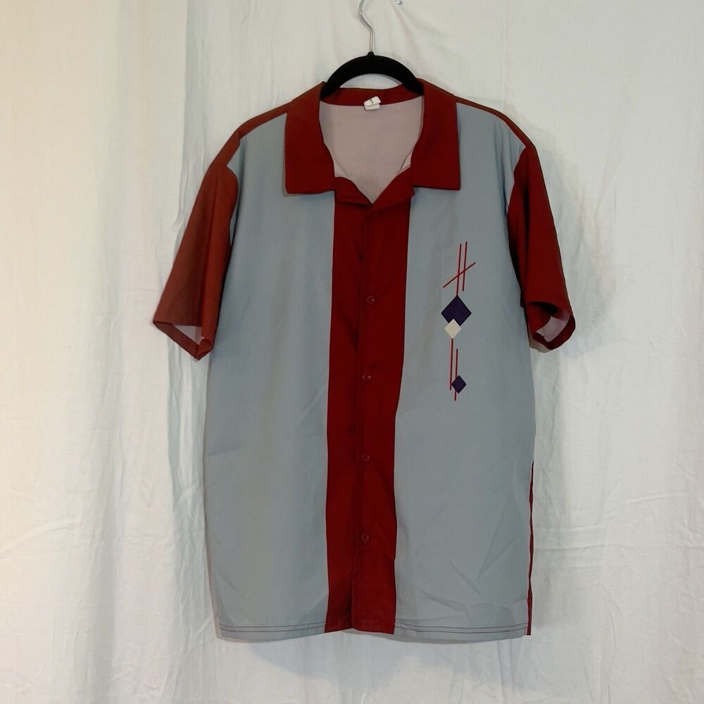 Chicyea Mens Shirt Large Red Gray Button Up Bowling Charlie Sheen Retro